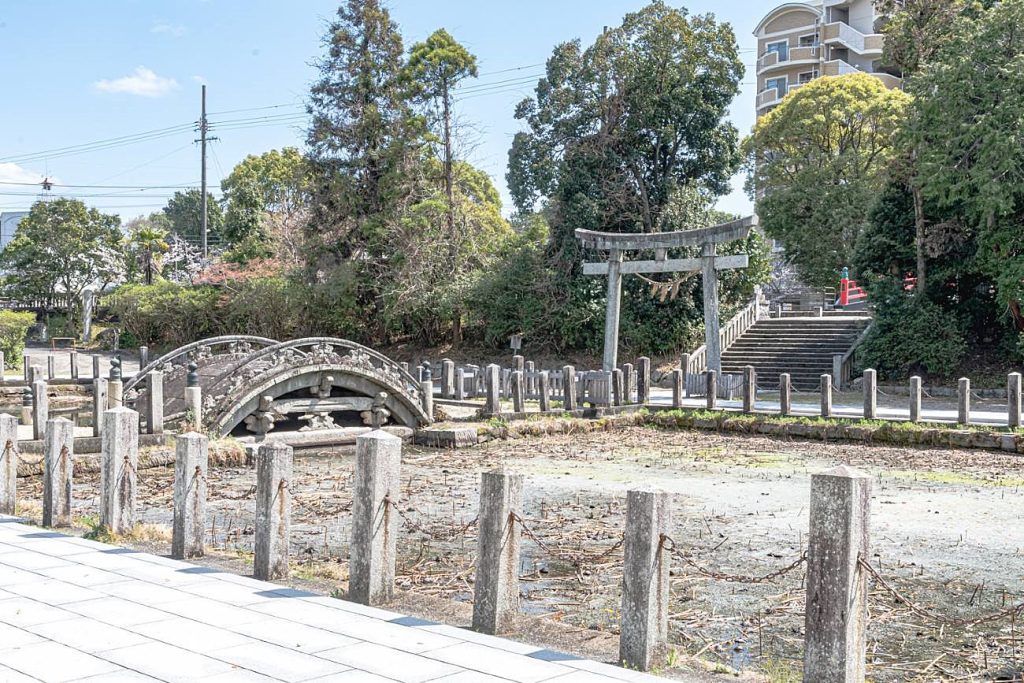 桜の季節の蓮池と伊賀川の堤防